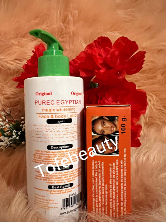 Original Purec Egyptian Carrot face and body lotion and Purec Egyptian body soap.