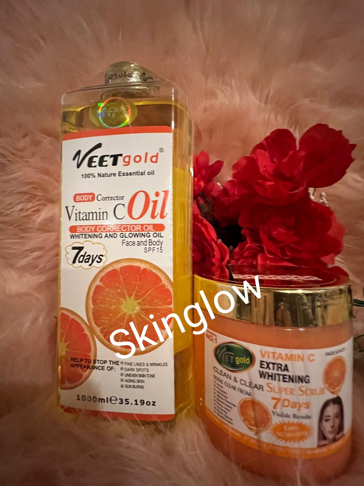 VEETGOLD VITAMIC C FACE & BODY CORRECTOR OIL SKINGLOW OIL 1000ML X1 WITH PUMP AND VEETGOLD VITAMIV C SUPER BODY SCRUB X1