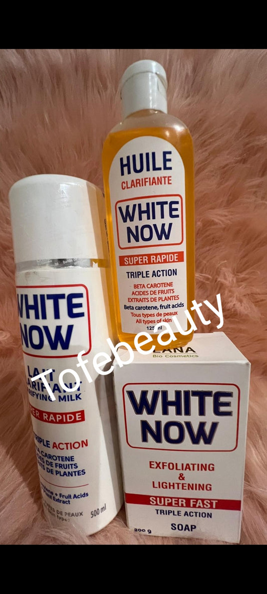 WHITE NOW TRIPLE ACTION SET. WHITE NOW CLARIFIANT LOTION 500ML,OIL AND EXFOLIATING SOAP