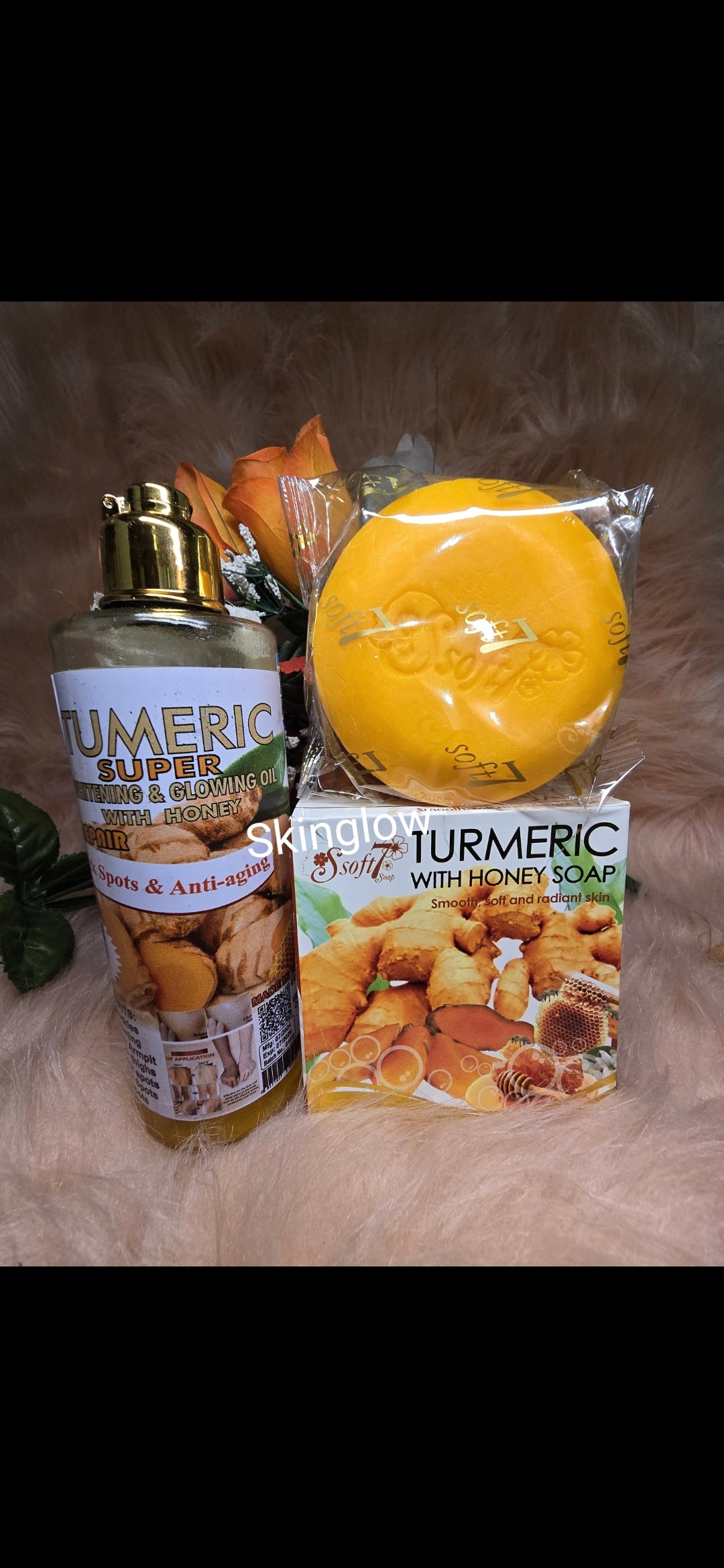 SOFT 7 Turmeric super lightening & glowing oil. x1 Skin repairs Oil & turmeric soap. 💯 ORIGINAL👌