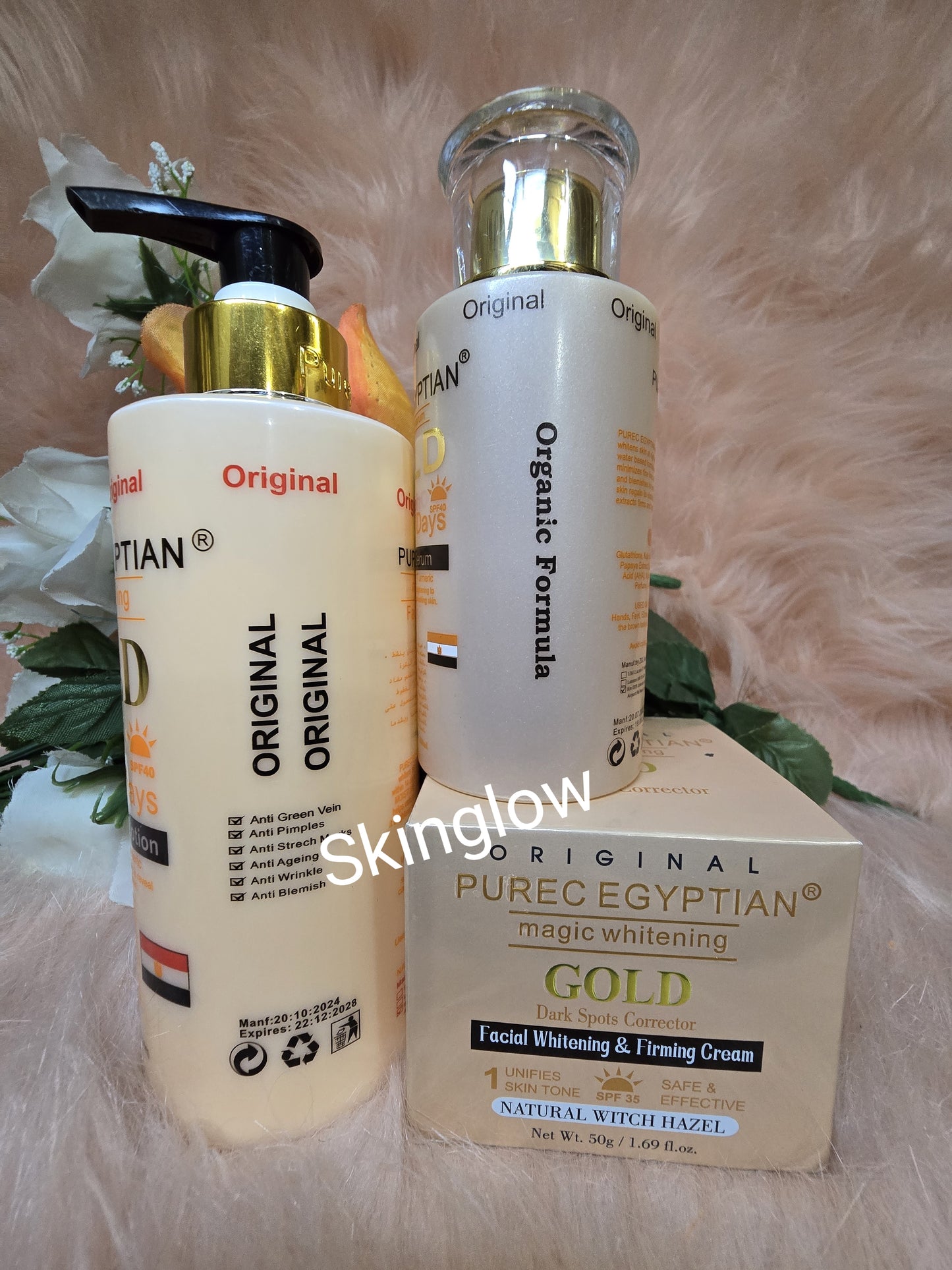 4 PCS, AUTHENTIC PUREC EGYPTIAN GOLD LOTION, FACE CREAM, SERUM AND BODY SOAP.
