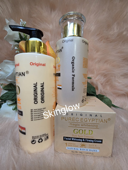 4 PCS, AUTHENTIC PUREC EGYPTIAN GOLD LOTION, FACE CREAM, SERUM AND BODY SOAP.