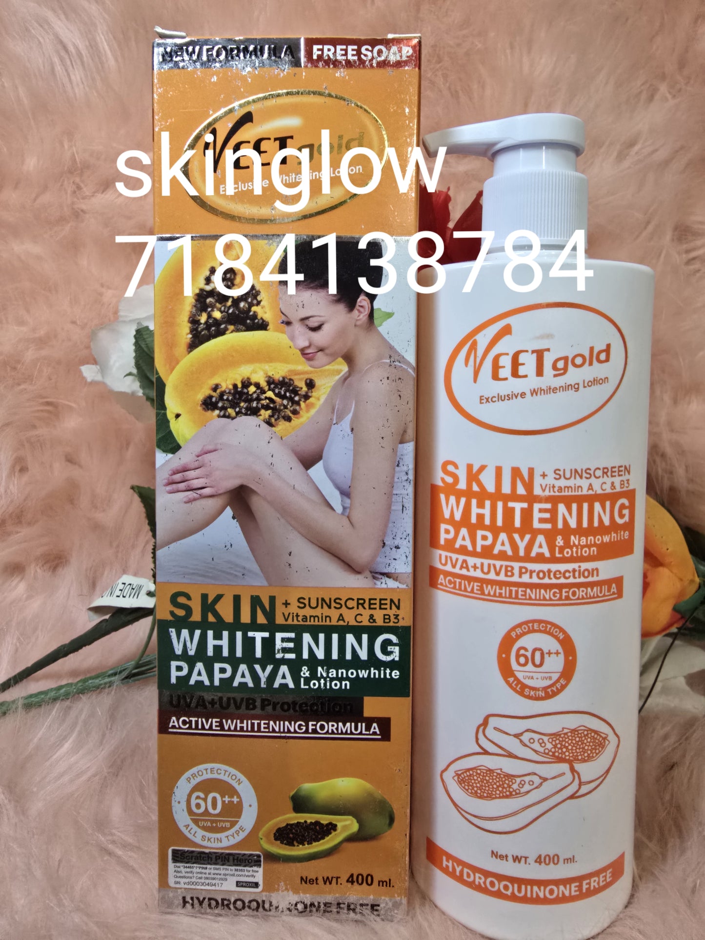 Authentic VeetGold skin whitening Papaya BODY LOTION SPF 60. Come with free soap.