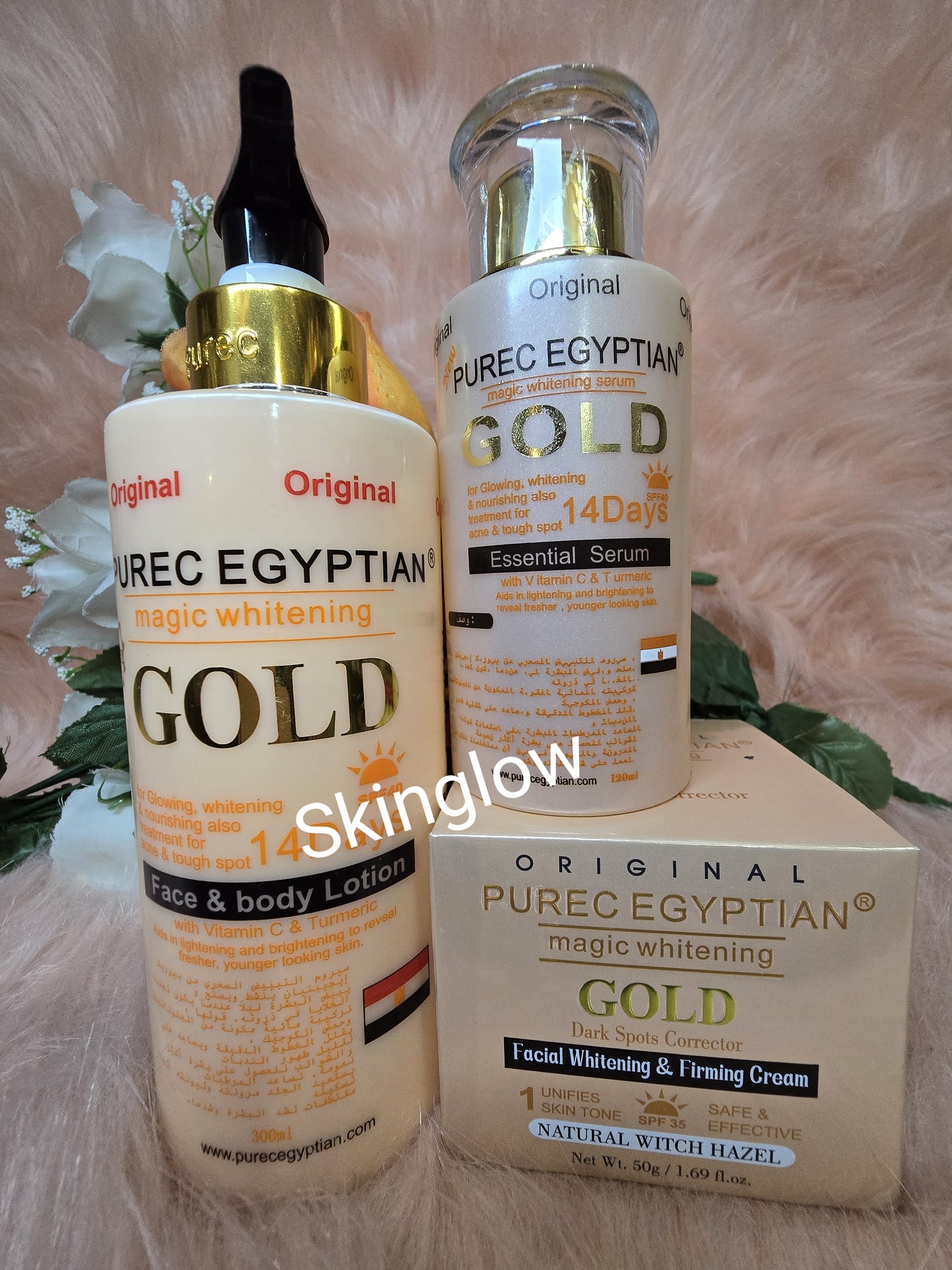 4 PCS, AUTHENTIC PUREC EGYPTIAN GOLD LOTION, FACE CREAM, SERUM AND BODY SOAP.