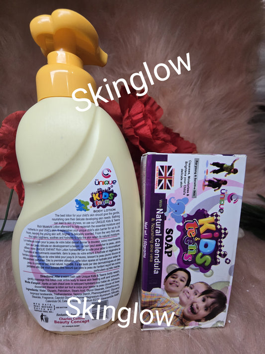 Unique kids & teens moisturizing & glowing body lotion X 1 bottle & body soap.