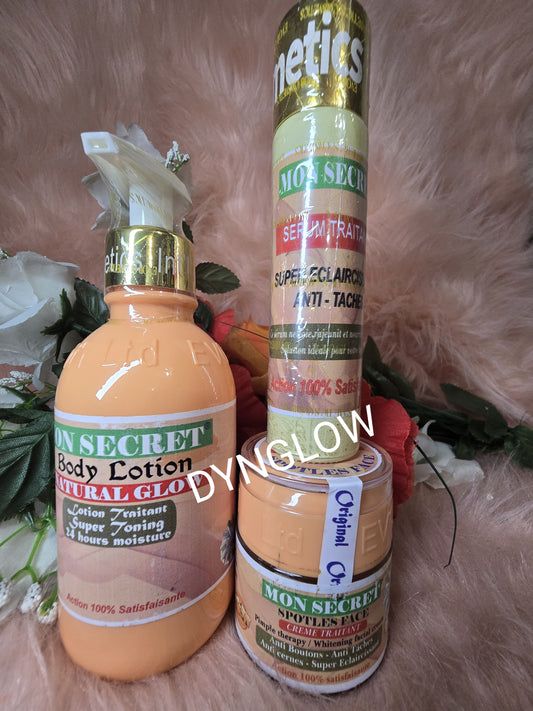 SET OF 3.Original mon secret face & body super lightening lotion, serum & face cream.