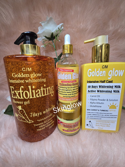 💯 Authentic 4 In 1 Set Golden Glow Body Milk 500ml Lotion + 1000ml exfoliating shower Gel + Face Cream + Serum.