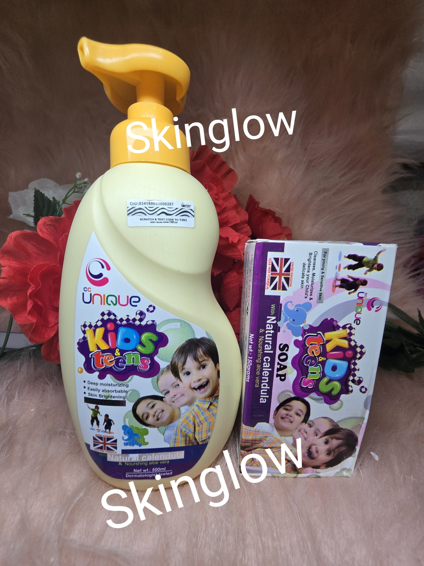 Unique kids & teens moisturizing & glowing body lotion X 1 bottle & body soap.
