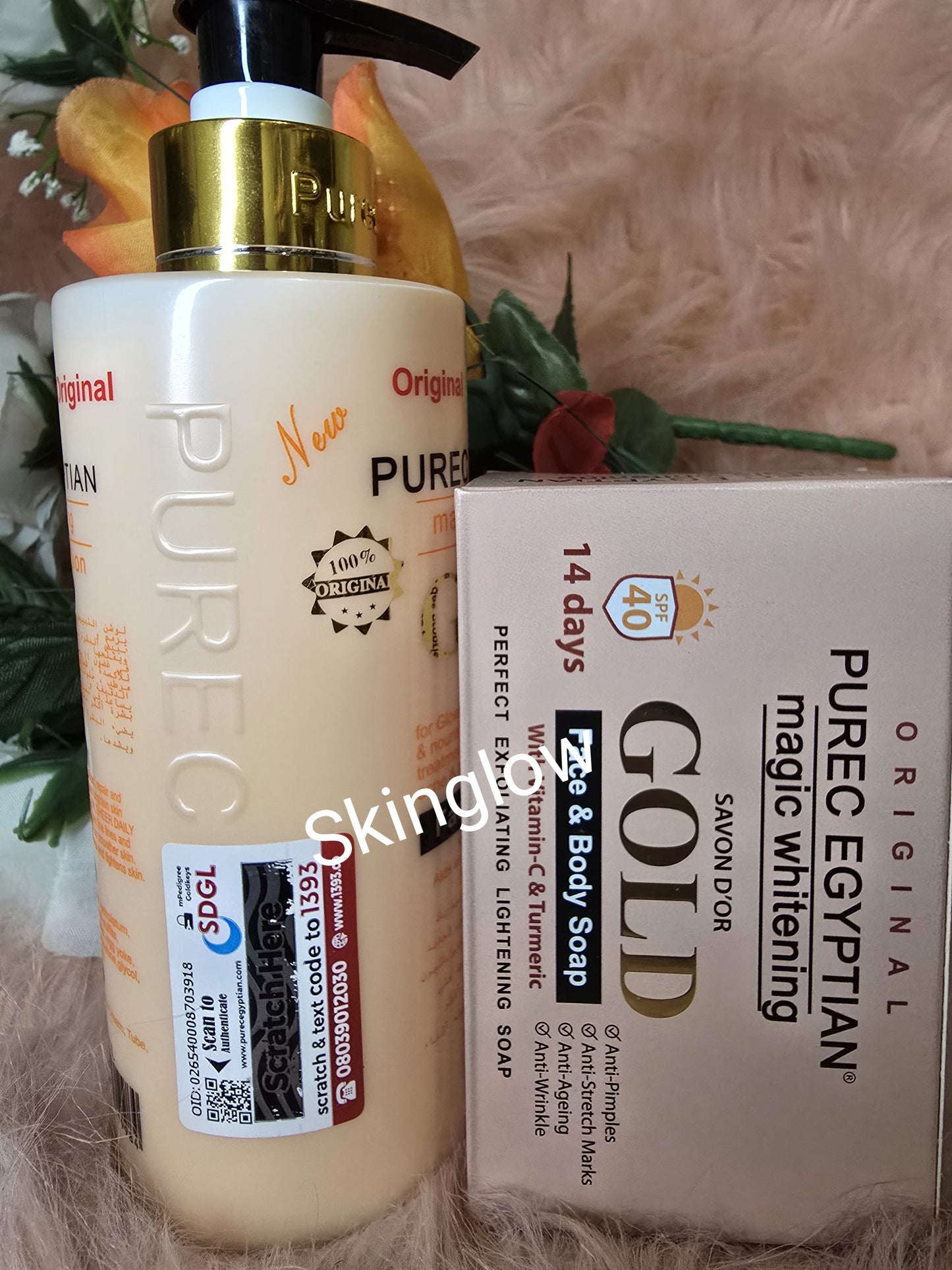 ORIGINAL 2PC PUREC EGYPTIAN GOLD LOTION AND PUREC EGYPYIAN GOLD EXFOLIATING SOAP