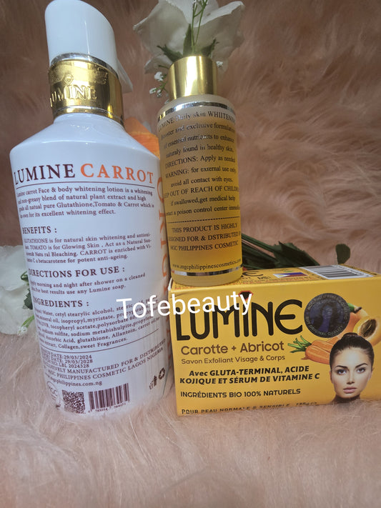 Authentic Lumine carrot body lotion, serum + exfoliating soap x3 piece set