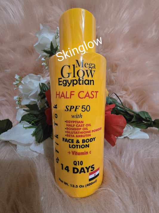 Original mega glow Egyptian H-C face & body lotion. 400ml, with spf 50.