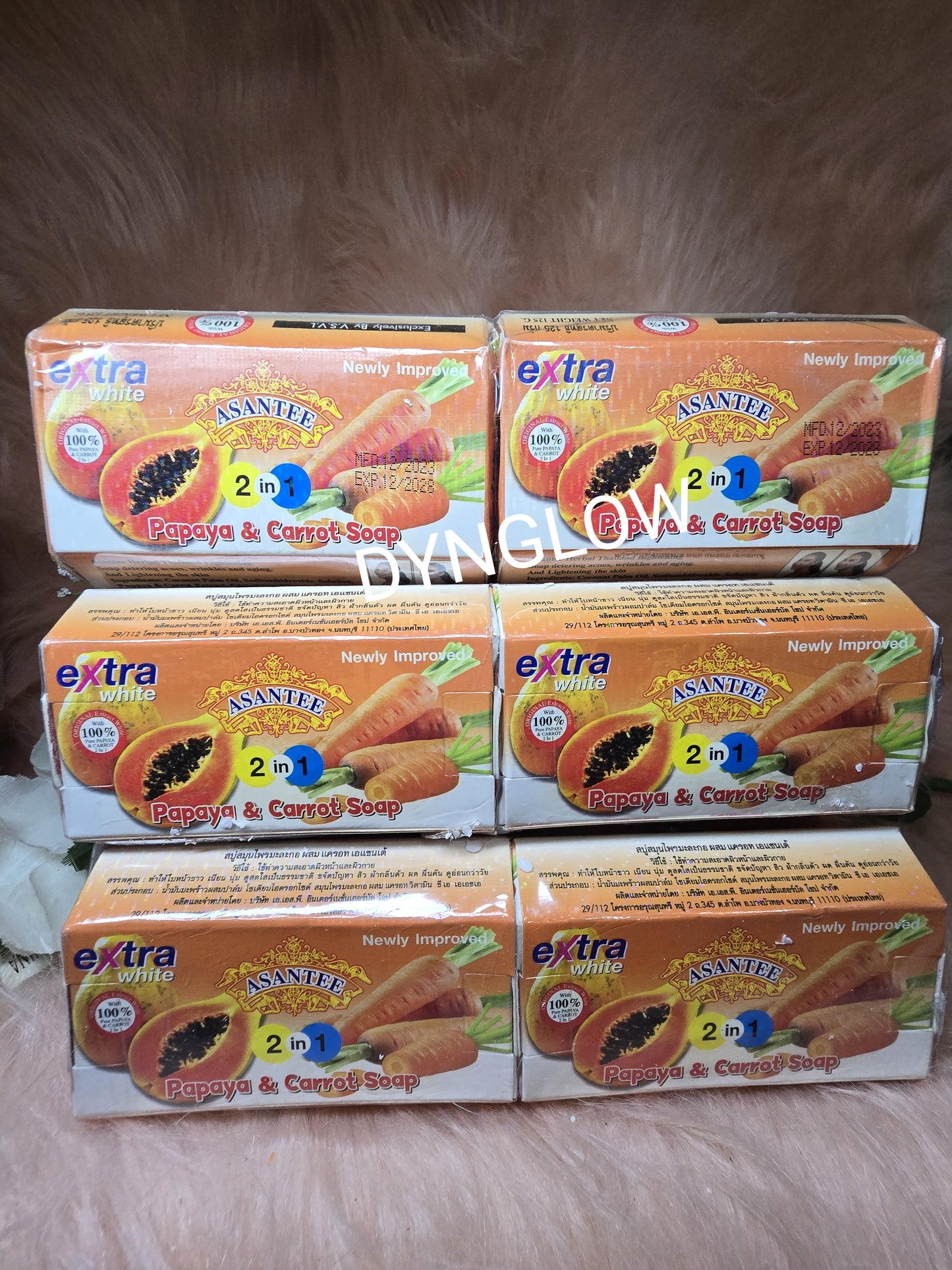 6X Asantee Papaya & Carrot Thailand Herbal Lighteni 2 In 1 Soap Extra Whit