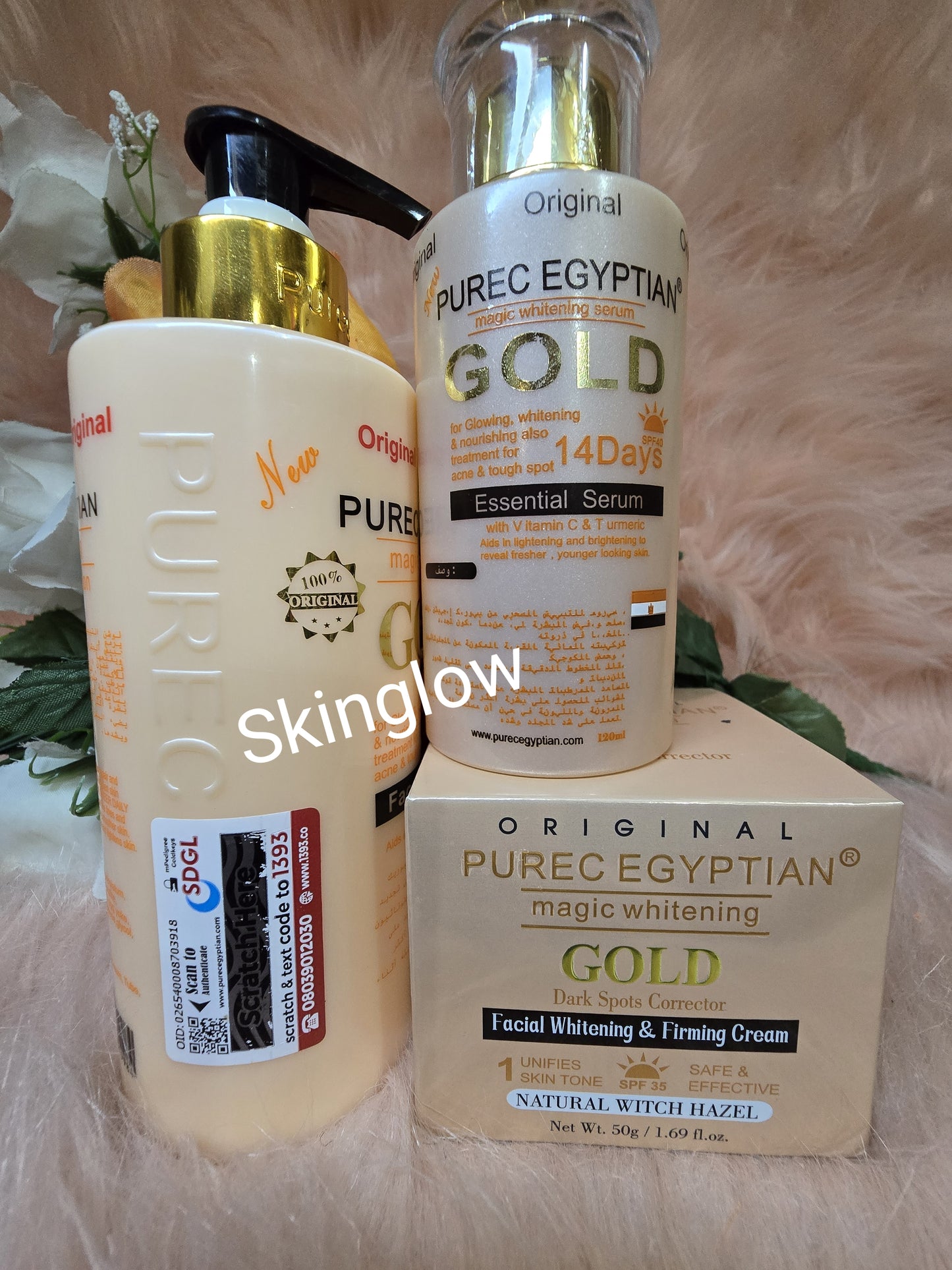 4 PCS, AUTHENTIC PUREC EGYPTIAN GOLD LOTION, FACE CREAM, SERUM AND BODY SOAP.