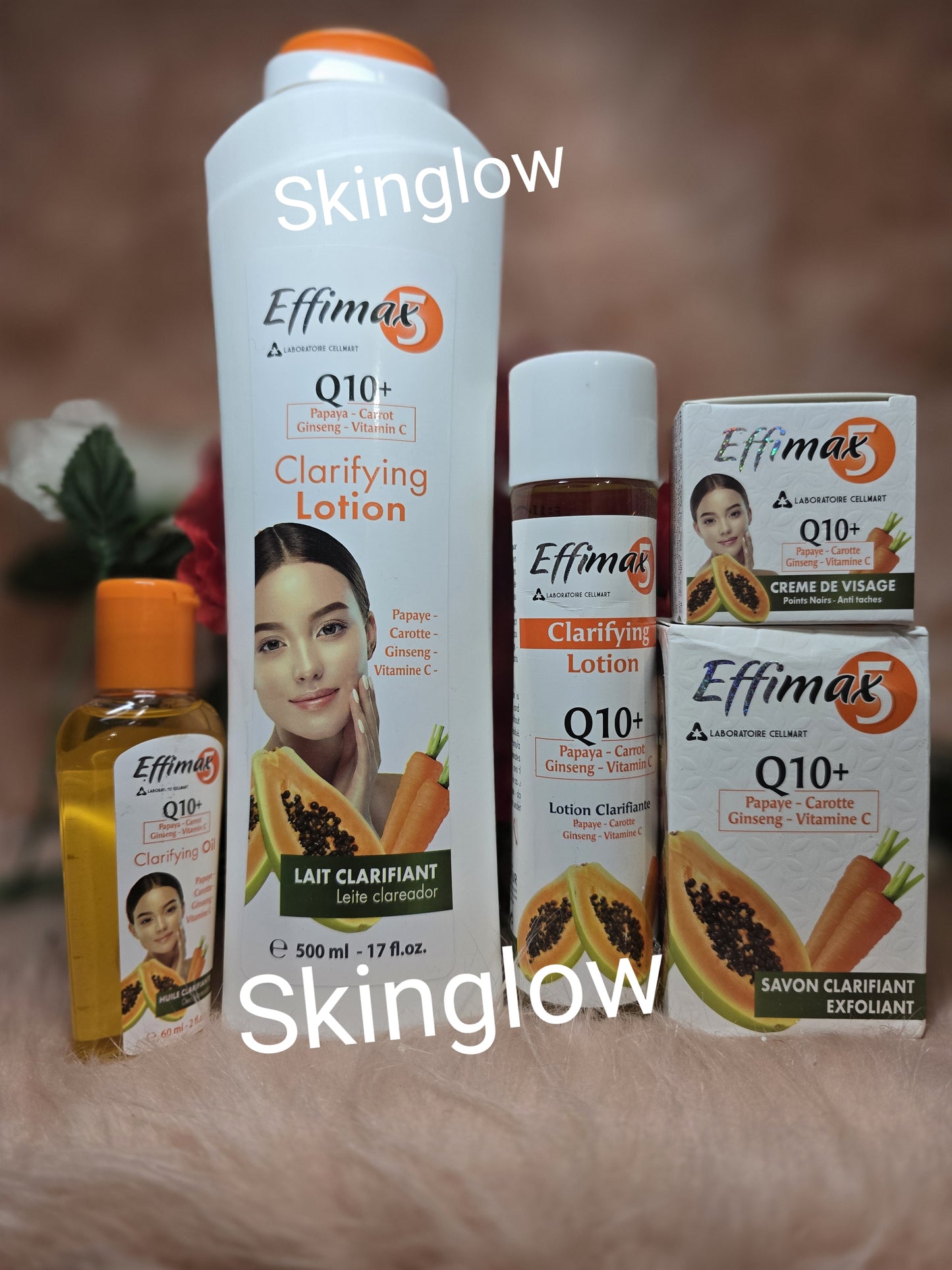 X 5. Effimax Q10+ papaya-carotte lotion, face cream, oil, Clarifying cleanser for dark feet, knuckles elbow, ankles & exfoliating soap. 200g. FOR ALL SKIN TYPES.