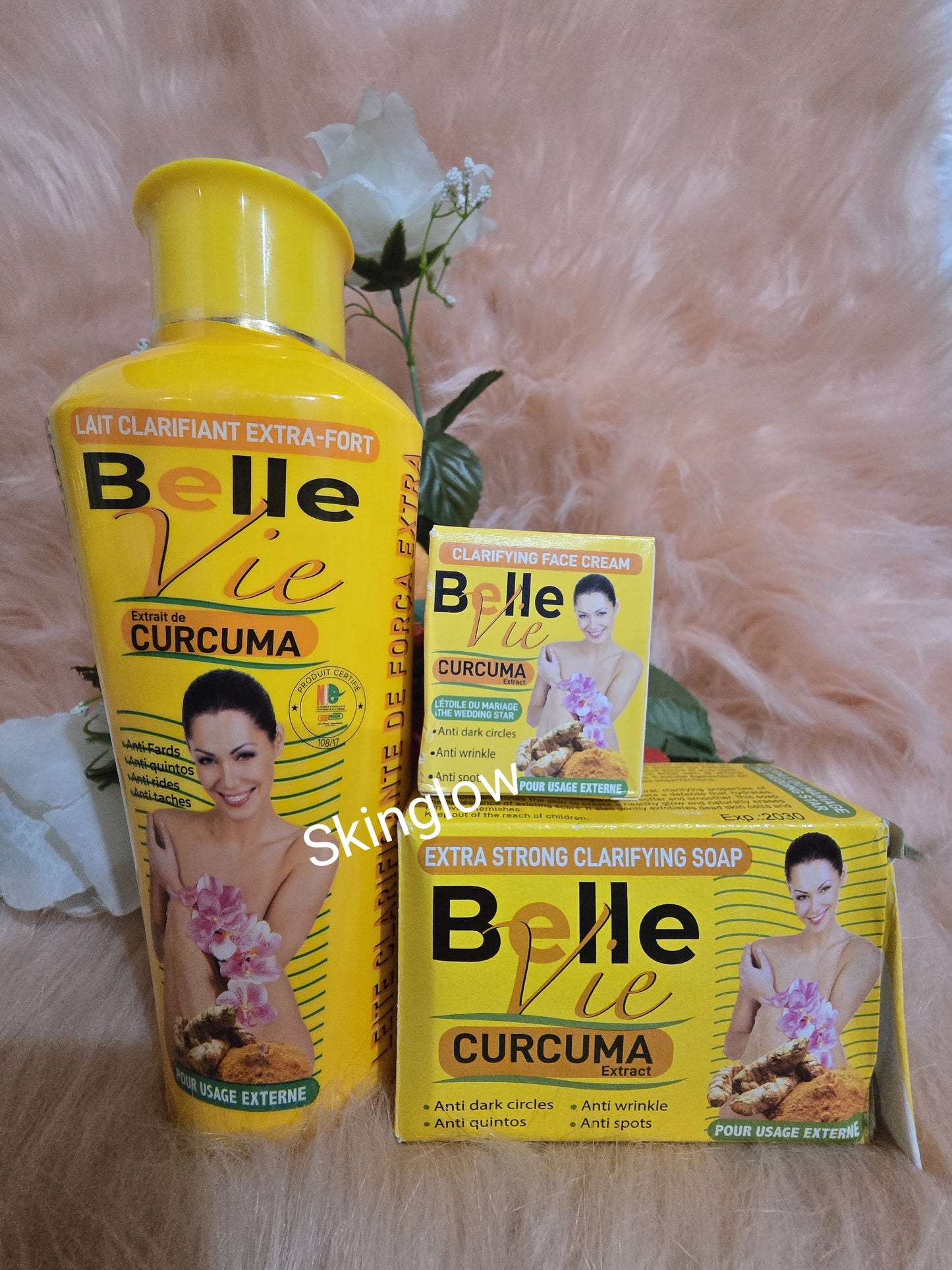 3pcs Belle Vie Curcuma Extracts Body Lotion, Serum & Soap.
