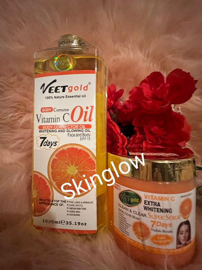 VEETGOLD VITAMIC C FACE & BODY CORRECTOR OIL SKINGLOW OIL 1000ML X1 WITH PUMP AND VEETGOLD VITAMIV C SUPER  BODY SCRUB X1