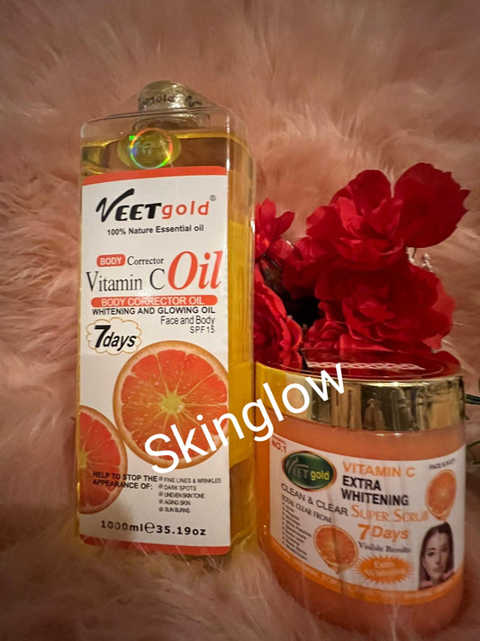 VEETGOLD VITAMIC C FACE & BODY CORRECTOR OIL SKINGLOW OIL 1000ML X1 WITH PUMP AND VEETGOLD VITAMIV C SUPER  BODY SCRUB X1