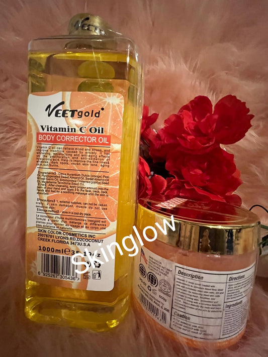 VEETGOLD VITAMIC C FACE & BODY CORRECTOR OIL SKINGLOW OIL 1000ML X1 WITH PUMP AND VEETGOLD VITAMIV C SUPER  BODY SCRUB X1