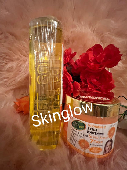 VEETGOLD VITAMIC C FACE & BODY CORRECTOR OIL SKINGLOW OIL 1000ML X1 WITH PUMP AND VEETGOLD VITAMIV C SUPER  BODY SCRUB X1