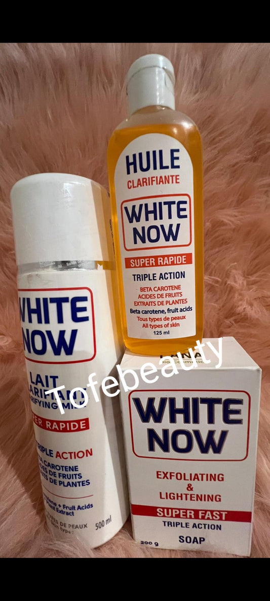 WHITE NOW TRIPLE ACTION SET. WHITE NOW CLARIFIANT LOTION 500ML,OIL AND EXFOLIATING SOAP