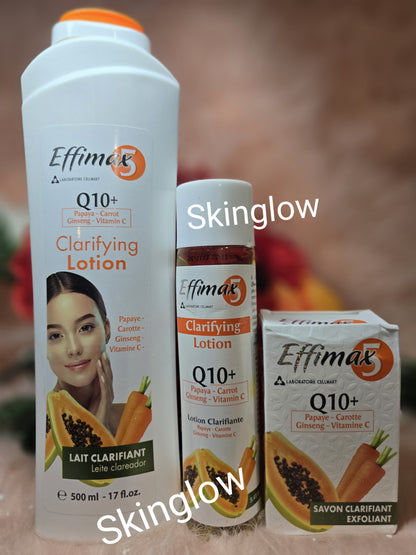 X 3. Effimax Q10+ papaya-carotte lotion,Clarifying cleanser for dark knuckle, elbows, feets & hands 5.4 Oz  & exfoliating soap. 200g.  FOR ALL SKIN TYPES.
