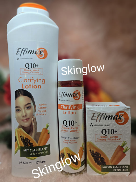 X 3. Effimax Q10+ papaya-carotte lotion,Clarifying cleanser for dark knuckle, elbows, feets & hands 5.4 Oz  & exfoliating soap. 200g.  FOR ALL SKIN TYPES.