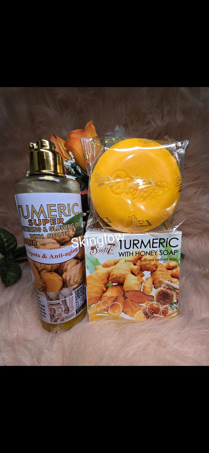 SOFT 7 Turmeric super lightening & glowing oil. x1 Skin repairs Oil & turmeric soap. 💯 ORIGINAL👌