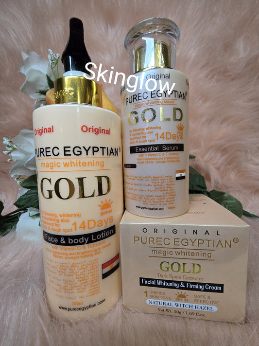 4 PCS, AUTHENTIC PUREC EGYPTIAN GOLD LOTION, FACE CREAM, SERUM AND BODY SOAP.