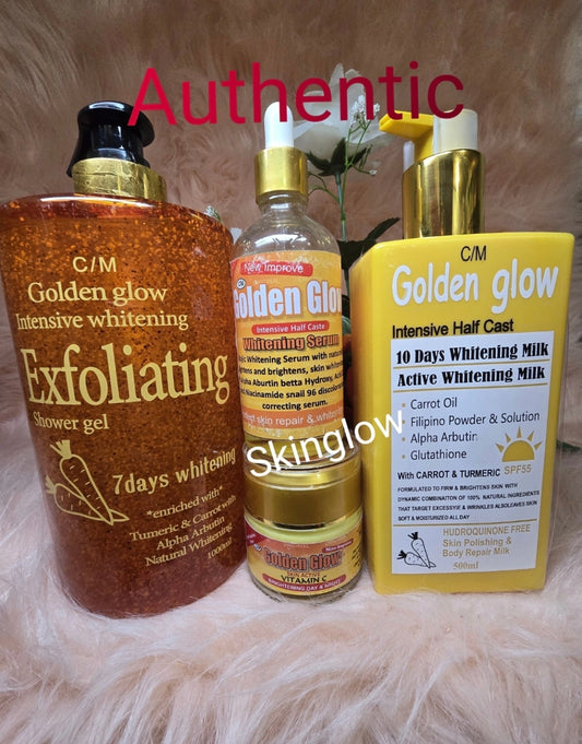 💯 Authentic  4 In 1 Set Golden Glow Body Milk 500ml Lotion + 1000ml exfoliating shower Gel + Face Cream + Serum.