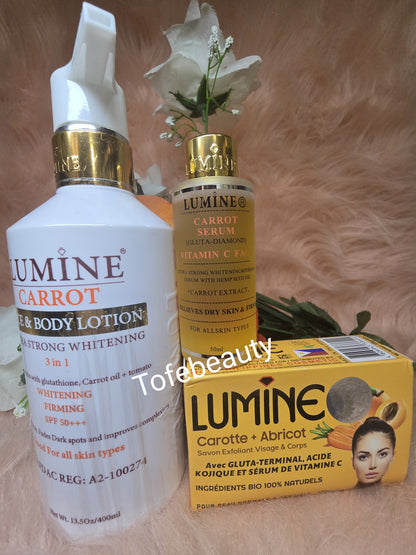 Authentic Lumine carrot body lotion, serum + exfoliating soap x3 piece set