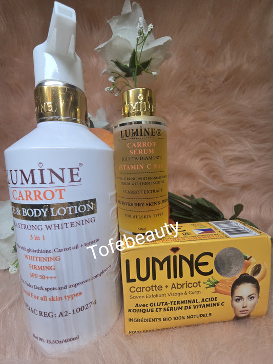 Authentic Lumine carrot body lotion, serum + exfoliating soap x3 piece set