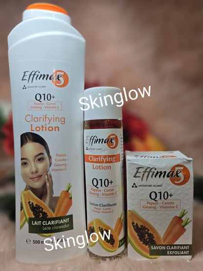 X 3. Effimax Q10+ papaya-carotte lotion,Clarifying cleanser for dark knuckle, elbows, feets & hands 5.4 Oz  & exfoliating soap. 200g.  FOR ALL SKIN TYPES.