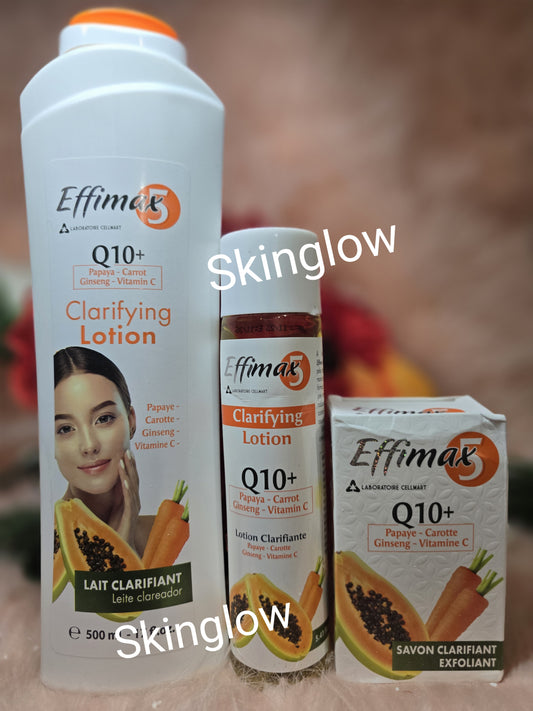 X 3. Effimax Q10+ papaya-carotte lotion,Clarifying cleanser for dark knuckle, elbows, feets & hands 5.4 Oz  & exfoliating soap. 200g.  FOR ALL SKIN TYPES.