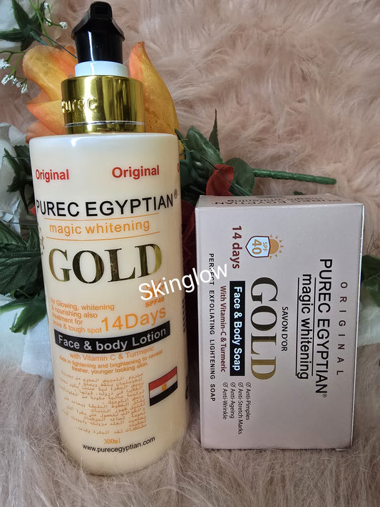 ORIGINAL 2PC PUREC EGYPTIAN GOLD LOTION AND PUREC EGYPYIAN GOLD  EXFOLIATING SOAP
