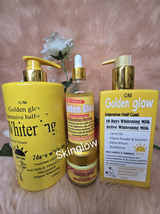 4 In 1 Set Golden Glow Body Milk Lotion 500ml + 1000ml exfoliating shower Cream + Serum + Face cream. 💯 satisfaction