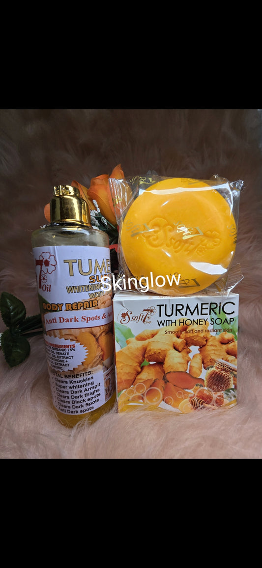 SOFT 7 Turmeric super lightening & glowing oil. x1 Skin repairs Oil & turmeric soap. 💯 ORIGINAL👌