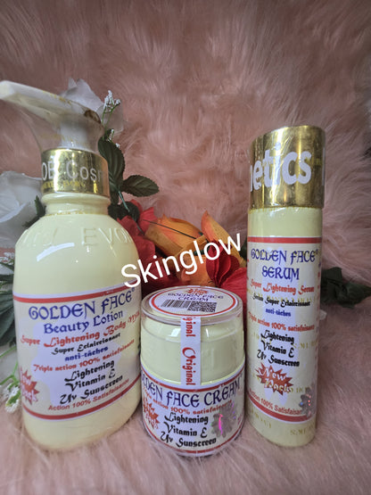 Golden face  beauty body lotion 250ml  & serum 60ml and face cream. 💯 satisfaction.