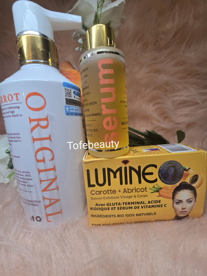 Authentic Lumine carrot body lotion, serum + exfoliating soap x3 piece set