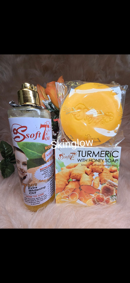 SOFT 7 Turmeric super lightening & glowing oil. x1 Skin repairs Oil & turmeric soap. 💯 ORIGINAL👌
