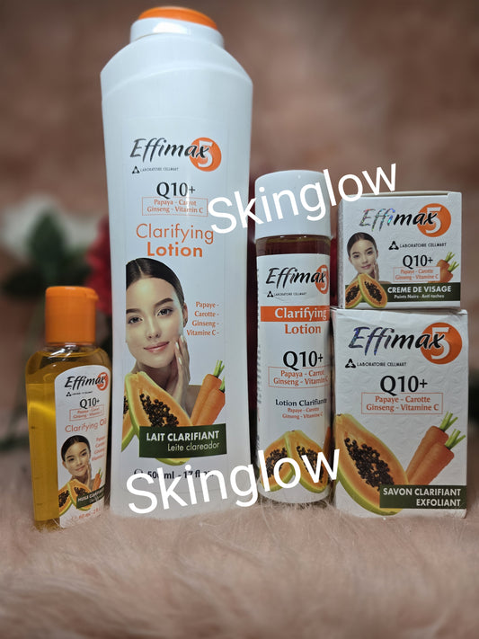 X 5. Effimax Q10+ papaya-carotte lotion, face cream, oil, Clarifying  cleanser for dark feet, knuckles elbow,  ankles &  exfoliating soap. 200g.  FOR ALL SKIN TYPES.