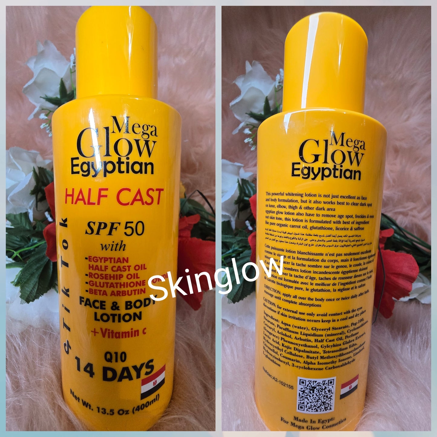 Original mega glow Egyptian H-C face & body lotion. 400ml, with  spf 50.