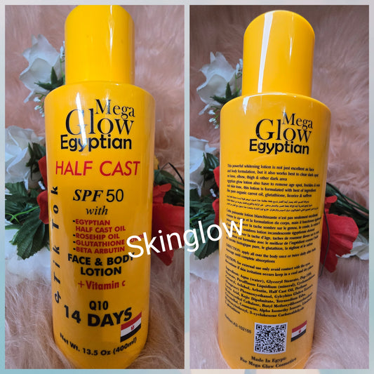Original mega glow Egyptian H-C face & body lotion. 400ml, with  spf 50.