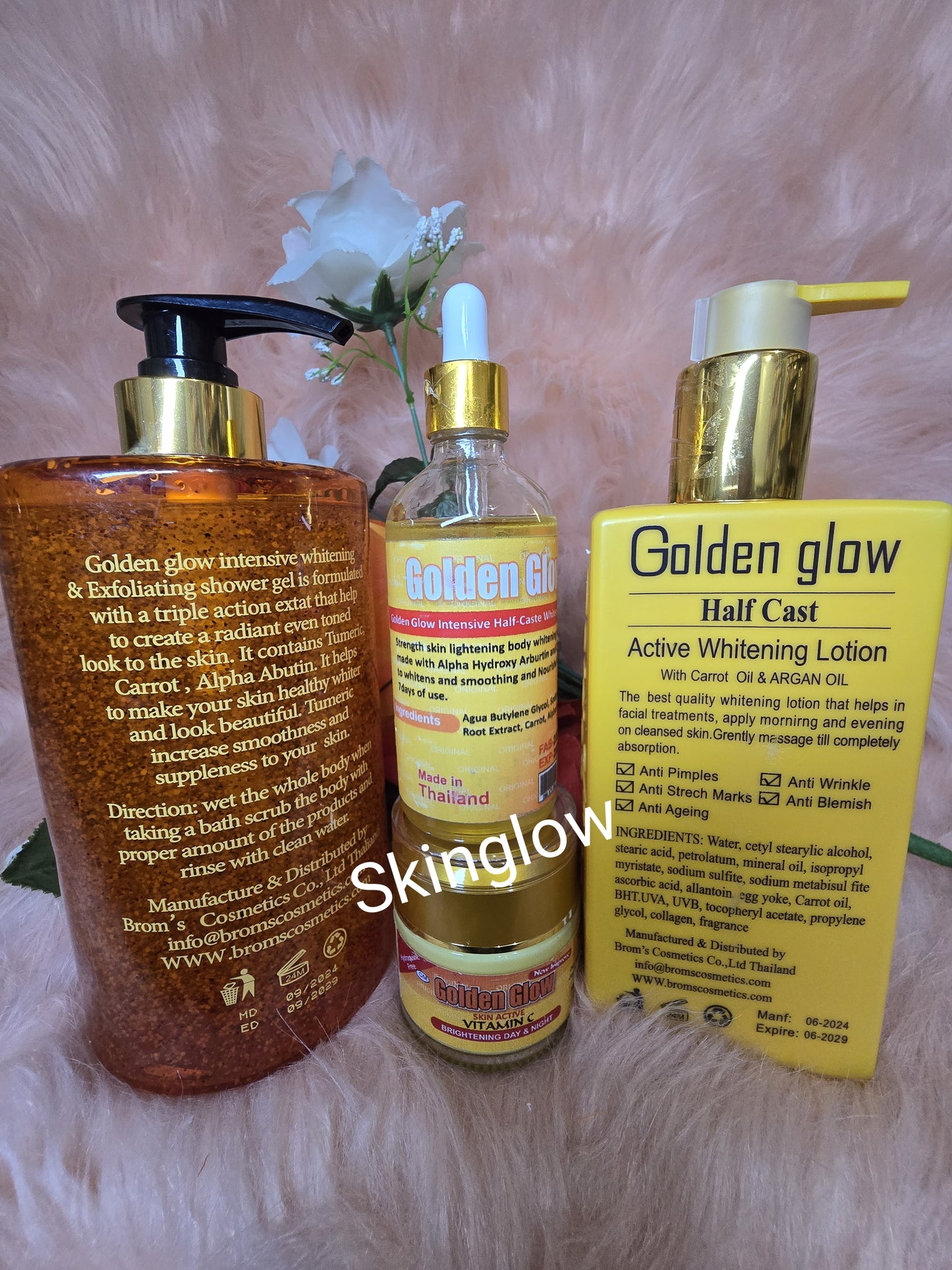 💯 Authentic  4 In 1 Set Golden Glow Body Milk 500ml Lotion + 1000ml exfoliating shower Gel + Face Cream + Serum.