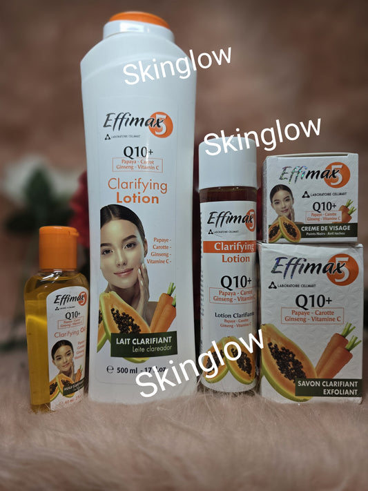 X 5. Effimax Q10+ papaya-carotte lotion, face cream, oil, Clarifying  cleanser for dark feet, knuckles elbow,  ankles &  exfoliating soap. 200g.  FOR ALL SKIN TYPES.